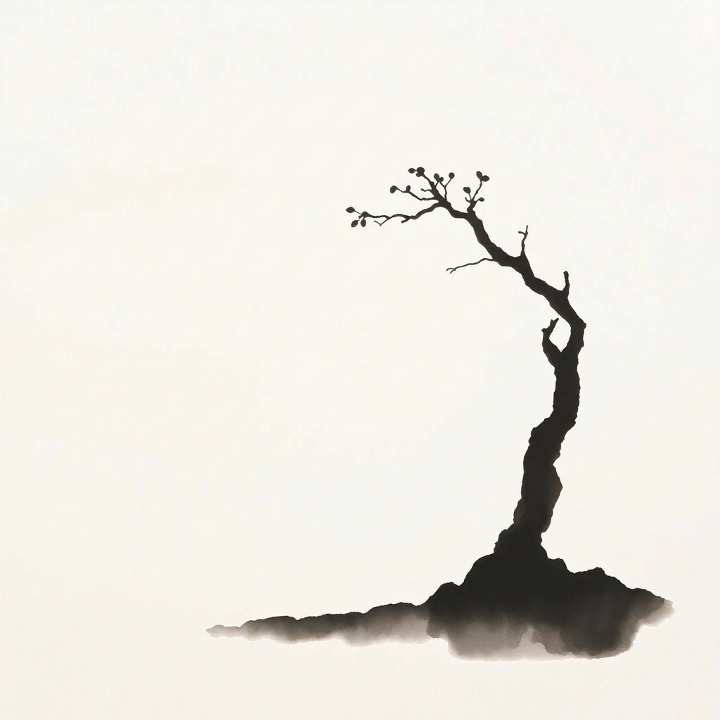 Sumi-e ink wash painting of a bonsai tree